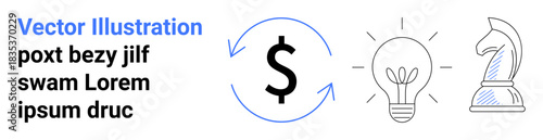 Business strategy, financial planning, innovation, leadership, corporate ideas, problem-solving. Dollar sign with circular arrows, light bulb chess knight. Business strategy and financial planning