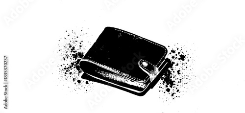 Black and white stencil illustration of a refined leather wallet with artistic splatter for design projects