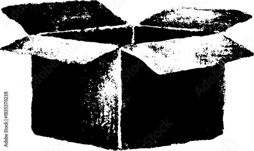 Black and white stencil illustration of an open cardboard box for creative design projects