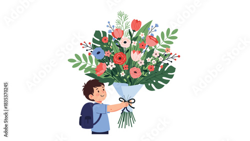 A young boy with a backpack holds a large bouquet of colorful flowers, ready for a special occasion.
