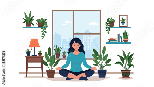 Woman meditating indoors surrounded by houseplants and a city view from a large window.