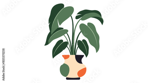 A stylized illustration of a lush green potted plant with large leaves in a decorative vase.