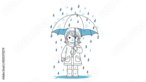 A sad-looking child stands under a blue umbrella in the rain, wearing a coat and boots.
