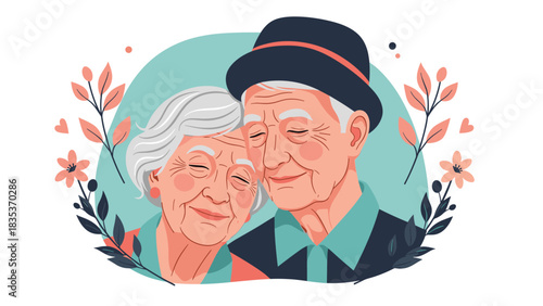 A heartwarming illustration of an elderly couple embracing affectionately, surrounded by floral elements.