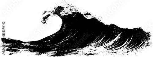 Black and white stencil illustration of rising ocean wave for nautical designs