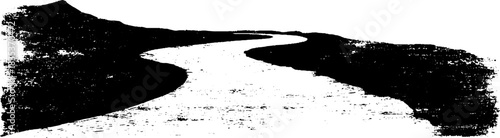Black and white stencil illustration of a serene river bend for creative design