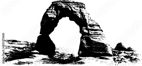 Monochrome stencil art of rugged desert rock formation for creative design