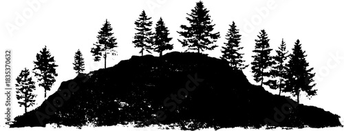 Black and white stencil of rugged forest ridge landscape silhouette for design