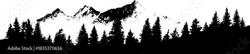Monochrome stencil of rugged forest ridge with mountain silhouettes for nature-themed designs