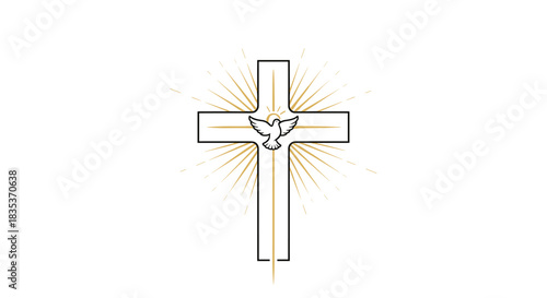 Minimalist graphic of a Christian cross with a dove, symbolizing the Holy Spirit, encircled by vibrant golden rays on a bright white background.