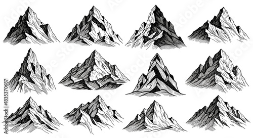 A collection of hand-drawn stylized mountain peak illustrations featuring various rugged rocky formations and snowy caps in a monochromatic sketch style.