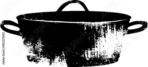 Rustic metal cauldron stencil illustration in black and white for artistic design