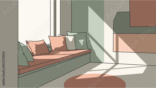 Relaxing Window Seat Nook Vector Illustration with Sunlight