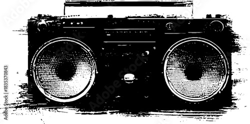 Vintage boombox stencil illustration with scratched grunge texture