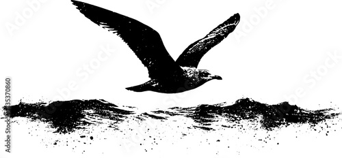 Black and white seagull gliding over abstract ocean waves - stencil art
