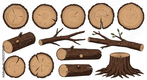 A collection of natural wooden elements, featuring detailed cross-sections of logs, cut branches, and a sturdy tree stump, on white.