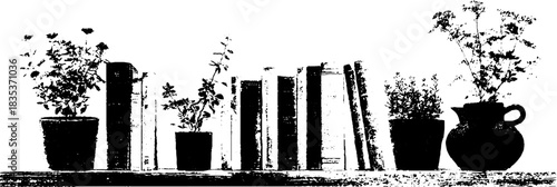 Black and white stencil illustration of a bookshelf with plants