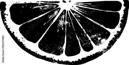 Grunge silhouette of sliced citrus fruit in black and white for artistic designs