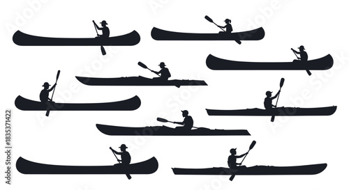 Silhouettes of people paddling canoes and kayaks, enjoying water sports and outdoor recreation on a white background.