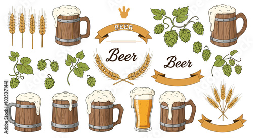 Hand-drawn vector set of beer elements, including classic wooden mugs, a glass of lager, hop cones, wheat stalks, and ornate ribbons.