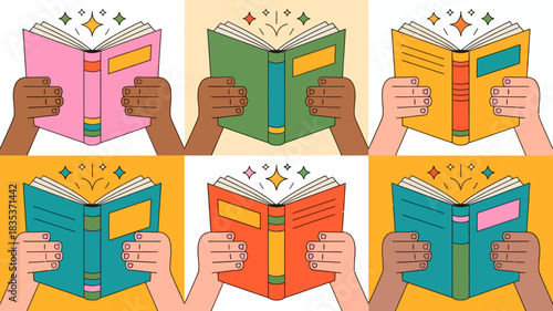 Diverse hands holding open books with glowing pages representing education knowledge imagination and the joy of reading in a vibrant colorful illustration
