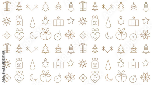 A seamless pattern of hand drawn christmas and holiday icons in a delicate line art style featuring festive elements like trees bells gifts and stars perfect for seasonal design backgrounds