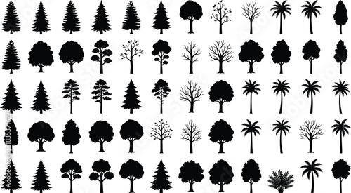 “Collection of diverse tree silhouettes including pines, palms, deciduous and leafless varieties for nature, landscape, botanical, forest and environmental design projects”