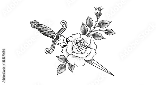 Traditional tattoo style illustration of a dagger piercing a blooming rose with leafy branches and a rosebud, rendered in grayscale.