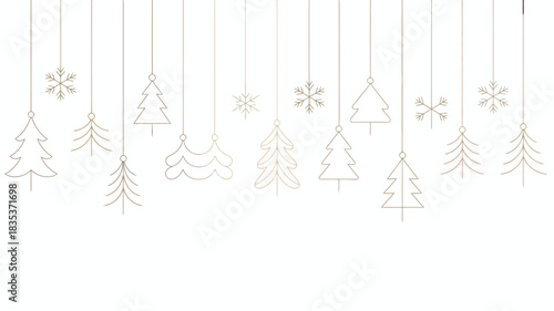 Minimalist white christmas decorations hanging festive holiday ornaments including trees bells and snowflakes on a clean white background with subtle gold accents