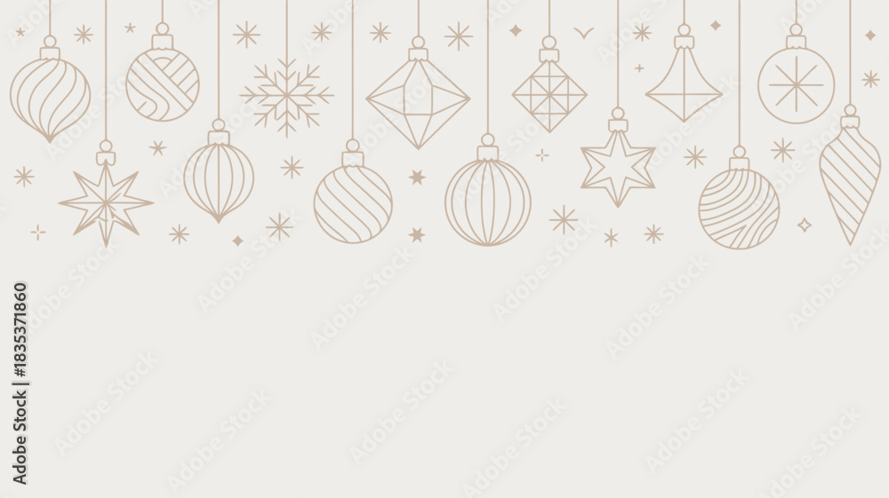 Obraz premium Hand drawn festive christmas ornaments and snowflakes in a repeating pattern across the top of a light cream background with plenty of copy space below for text