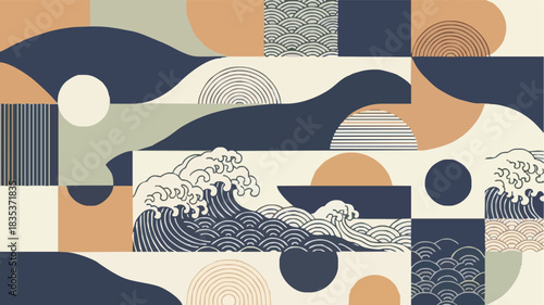 Stunning modern abstract pattern blending traditional Japanese wave motifs with contemporary geometric shapes and earthy tones