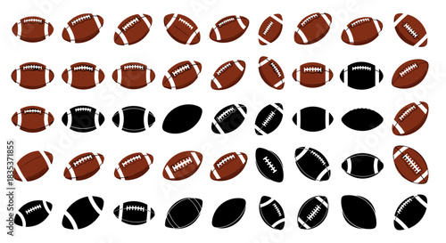 Collection of American footballs in various styles and perspectives, featuring both classic brown and sleek black designs, on a white background.