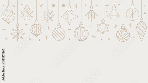 Hand drawn festive christmas ornaments and snowflakes in a repeating pattern across the top of a light cream background with plenty of copy space below for text