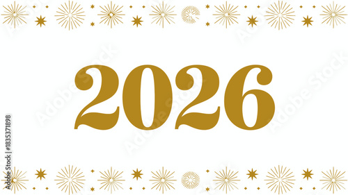 Golden 2026 numerals set against a clean white background with decorative festive borders at the top and bottom symbolizing the upcoming new year