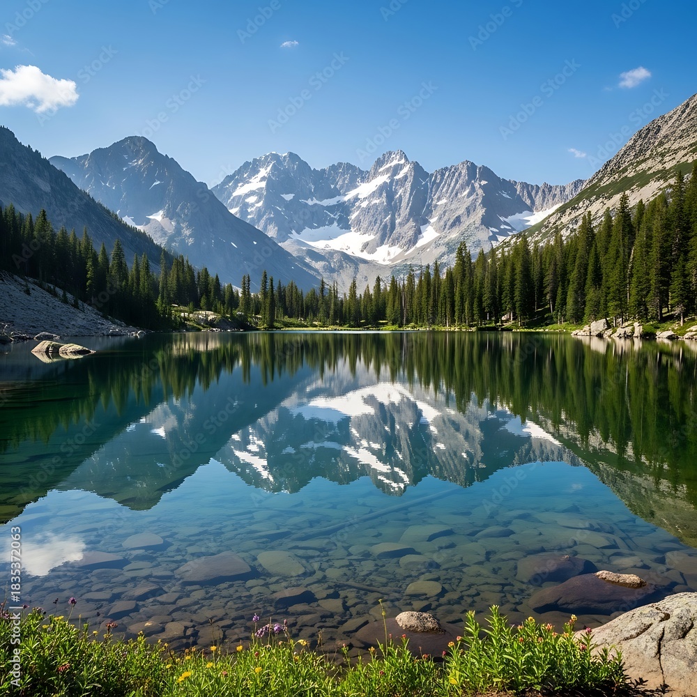 Fototapeta premium Serene Mountain Lake Reflection - A Pristine Wilderness Scene.