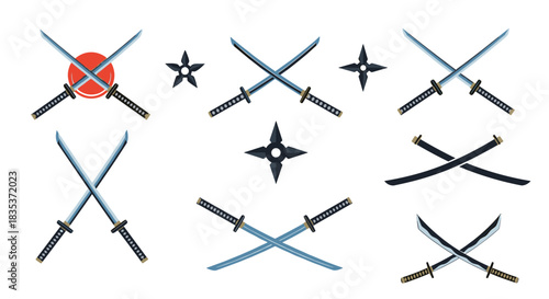 Collection of traditional Japanese samurai swords and ninja shurikens in various crossed arrangements on a white background.