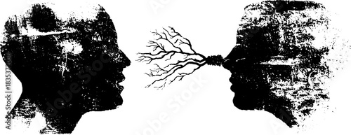 Black and white stencil art of spark emerging between two rough textured silhouettes