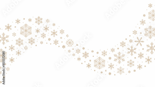 Abstract flowing wave of delicate pastel snowflakes against a clean white background evoking a gentle winter snowfall and festive holiday season atmosphere