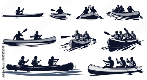 Vector silhouettes illustrating various water sports and paddling activities, featuring kayakers, canoeists, and rafters in dynamic outdoor scenes.