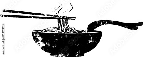 Black and white stencil art of steaming noodle bowl with chopsticks for culinary designs