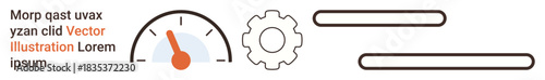 Performance monitoring, progress tracking, mechanical processes, speed control, technical adjustments, business metrics. Speedometer, gear and progress bars. Performance monitoring and progress