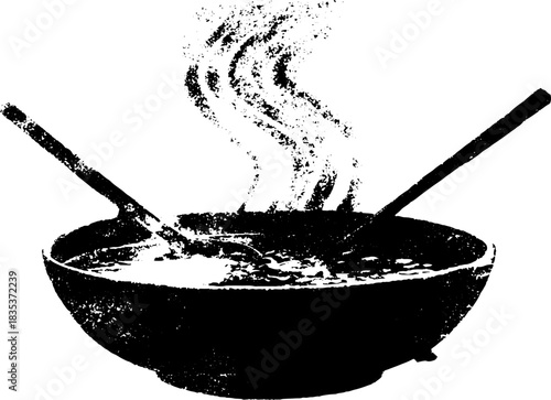 Black and white stencil art of steaming urban soup bowl design for posters and prints