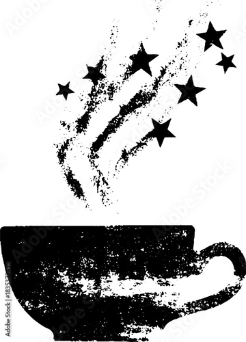 Black and white stencil illustration of a teacup releasing stars for creative design