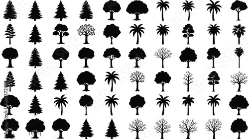 “Large collection of diverse tree silhouettes featuring pine, palm, deciduous and bare trees for nature design, landscape illustration and eco projects.”