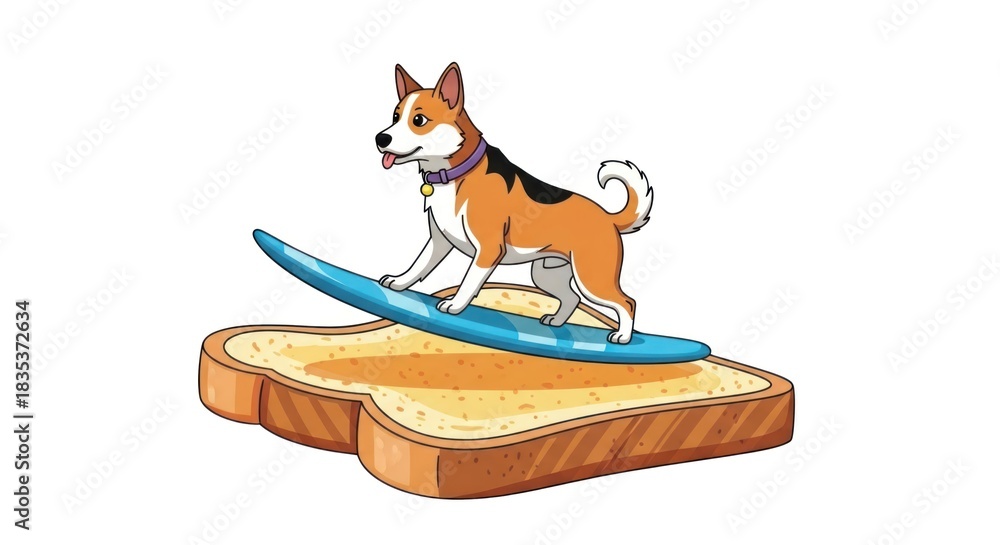 Obraz premium Cartoon dog surfing on a surfboard, the surfboard laying on a slice of bread funny