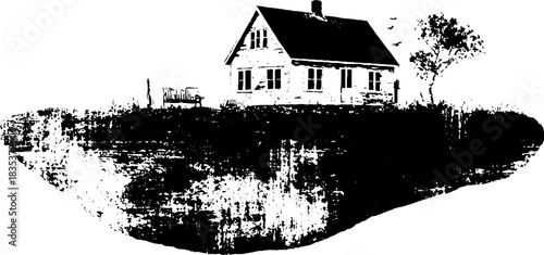 Surreal black and white stencil of a floating house