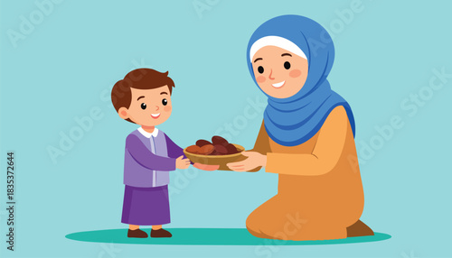 A Muslim woman in a hijab offering a plate of dates to a young Muslim boy, depicting a scene of sharing and kindness.
