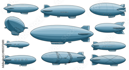 A diverse set of vintage-style blue blimps and zeppelins in various designs, depicted as cartoon illustrations on a clean white background.