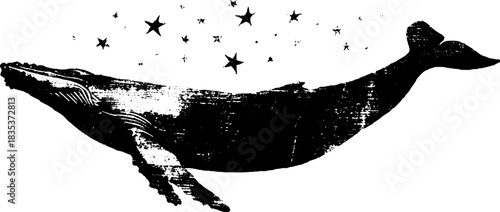Black and white whale silhouette with stars design for posters and cards