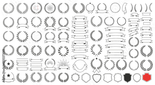 Collection of vintage monochrome vector laurel wreaths, ribbons, awards, and heraldry elements.